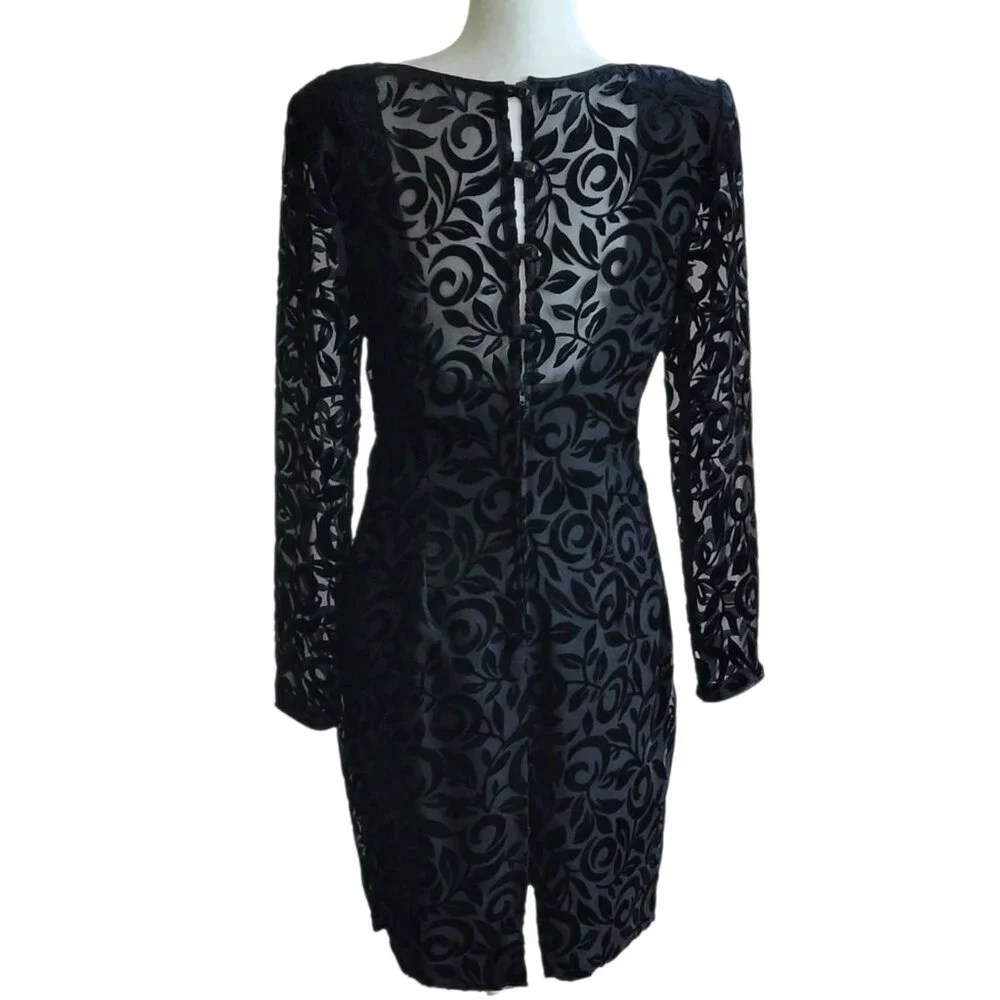 Vintage 90s Black Velvet Burnout Floral Cocktail Dress | Long Sleeve Sheer Y2K